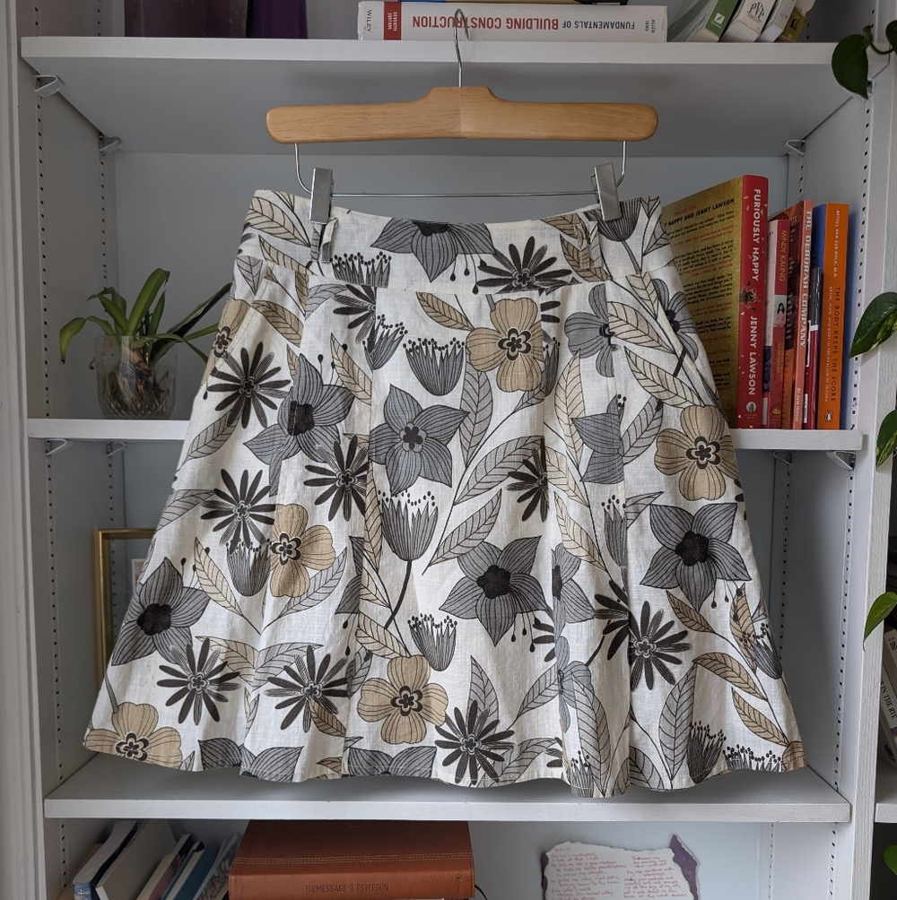 Y2K Floral A-Line Skirt Cream Black Cream Size Small Vintage Cotton Boho Twee
